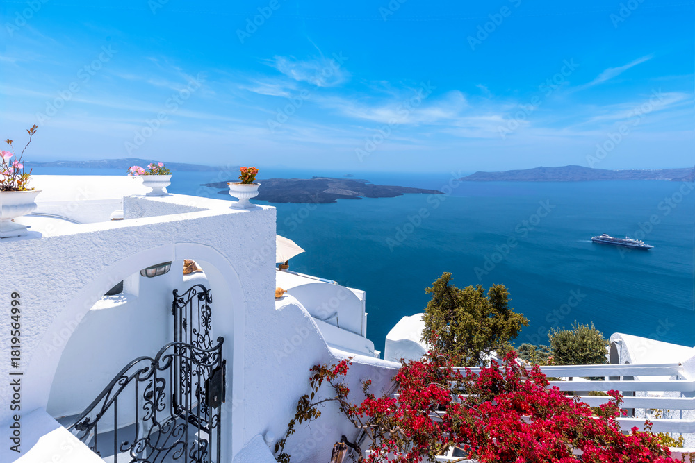 Naklejka premium Greece Islands, scenic panoramic sea views of Santorini island from top outlook of Fira village.