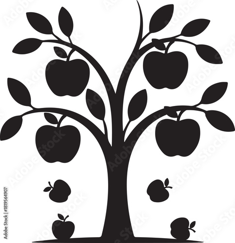 Silhouette of an apple tree with ripe apples falling