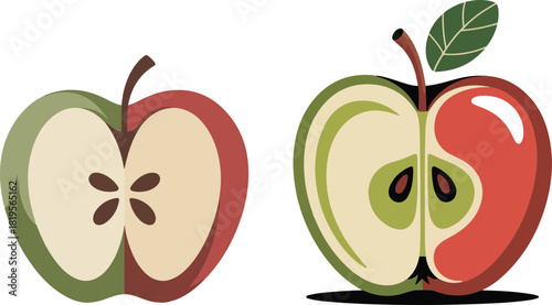 Two apple halves showcasing vibrant colors and internal seeds