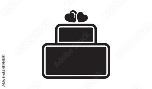 Simple black silhouette of a two tier wedding cake with heart toppers