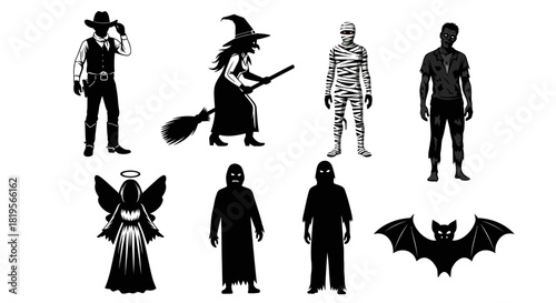 A Collection of Diverse Halloween Themed Character Silhouettes Vector Illustration