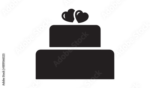 Simple black silhouette of a two tiered wedding cake with heart topper