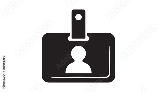 Black and white icon of a silhouette person on an identification card with a lanyard