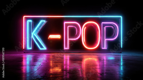 K-pop music neon sign glowing with pink blue light reflected on dark wet street black background. Modern entertainment concert for musical kpop culture. Korean popular cool lifestyle. Cultural Korea.