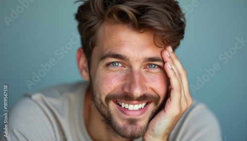Smiling young man with tousled hair resting his chin on his hand