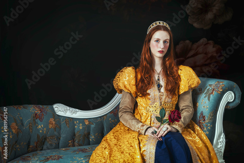 A red-haired woman wearing a gold historical-style robe with puffy sleeves. She's holding a red rose