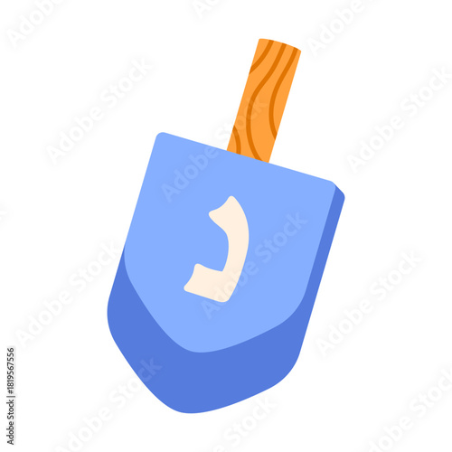 Dreidel spinning top with Hebrew letter. Traditional Hanukkah toy used in Jewish holiday game. Wooden design. Flat vector illustration isolated on white background