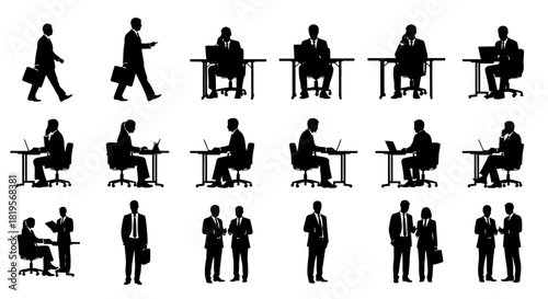 Diverse Silhouettes Depicting People Engaged in Various Business Activities and Tasks