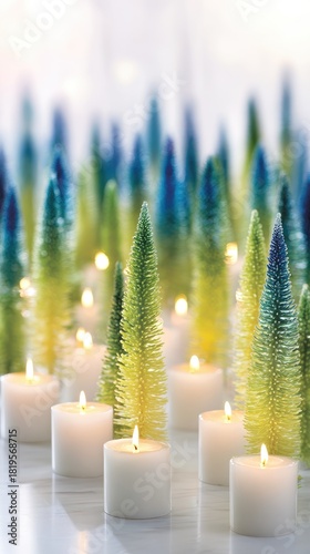 bottle brush trees, in green, blue, and ombre yellow, on a white background