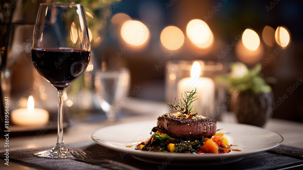Fototapeta premium A fine-dining plated meat dish topped with herbs and paired with a glass of red wine, arranged on a white plate against warm candlelit ambiance.