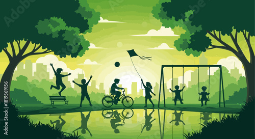 Joyful Children Enjoying Active Play in a Vibrant Green Park Setting