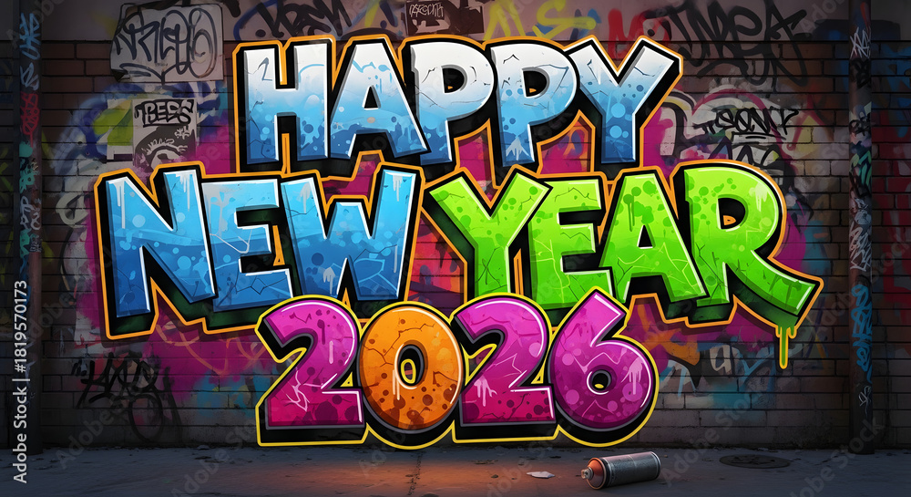 Fototapeta premium Happy New Year 2026 graffiti style text on a brick wall with vibrant colors and spray paint.