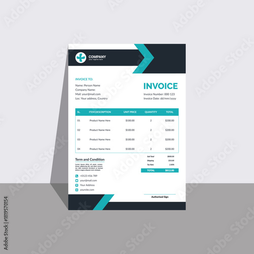 Modern Minimal Invoice Template. Editable Business Billing Form. Clean Corporate Financial Document Layout for Small Business, Freelancers, Designers. Printable Vector Design