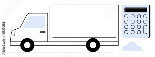Delivery truck alongside a large calculator, symbolizing logistics, freight calculation, and cost efficiency. Ideal for shipping, budgeting, transportation, business, trade planning and calculation