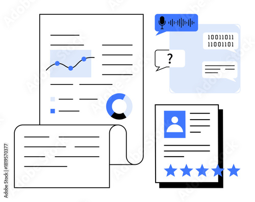 Papers with charts and infographics, profile documents with ratings, binary code, and voice recognition icons. Ideal for data analysis, digital security, AI, tech reviews, IT workflows and research