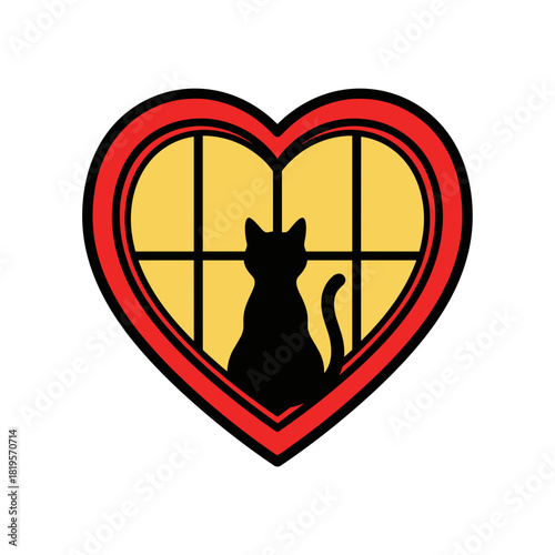 Cat silhouette in heart window, love for pets and home decor concept