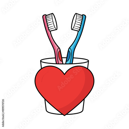 Toothbrushes in cup with red heart symbol, dental hygiene and love concept
