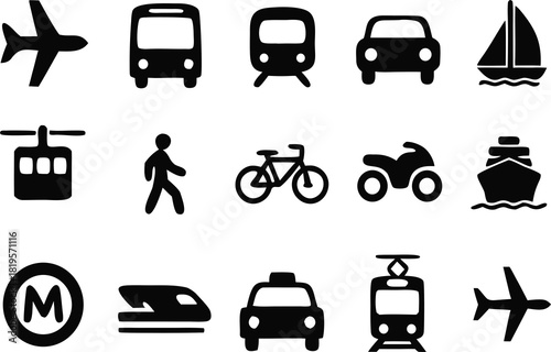 Comprehensive vector pack of transport vehicles, including car, bus, aeroplane, train, bicycle, ship, and motorcycle icons, ideal for travel illustrations and mobility-themed graphics.