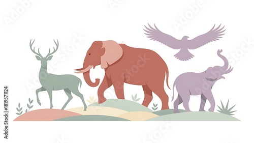 Wildlife Illustration of Deer Elephant and Eagle in Harmony Concept Art