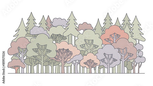Colorful Tree Forest Illustration with Evergreen and Deciduous Trees