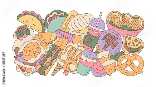 Colorful doodle illustration of various street food items for banner backgrounds
