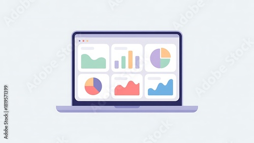 Laptop with Data Visualization Graphics Showing Charts and Graphs on Screen