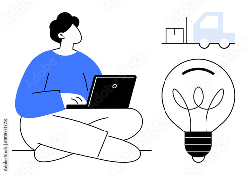 Person seated with laptop, light bulb signifying creativity or ideas, delivery truck with packages. Ideal for innovation, business, e-commerce, logistics, problem-solving, creativity productivity
