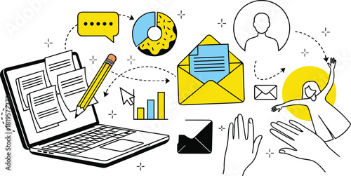 Digital productivity illustration—laptop, charts, speech bubbles, user icons, and interactive tools in creative layout