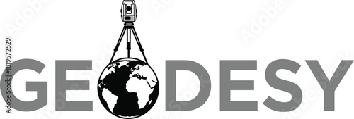 Geodesy illustration—Earth with total station and measurement lines in bold “GEODESY” layout