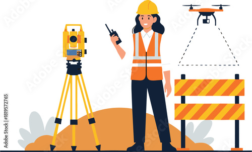 Surveying illustration—female worker with drone, walkie-talkie, and total station on construction site