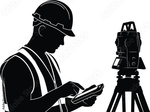 Surveying silhouette—worker with tablet and total station on tripod in construction setting