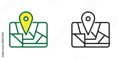 Map for delivery icon set. Delivery symbols with map and location pin for shipping, tracking, and logistics design. Editable stroke, isolated on transparent background.