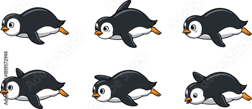 Cute cartoon penguin illustrations swimming forward, playful baby penguins in motion, adorable animal characters for animation, children’s design, vector artwork, comic style
