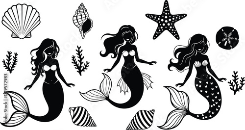 Mermaid Silhouette Vector Set, Featuring Three Fantasy Female Figures with Shell Bra Tops and Sea Life Elements, Ideal for Children's Design, Nautical Decor, Ocean Theme, or Sticker Print Template.