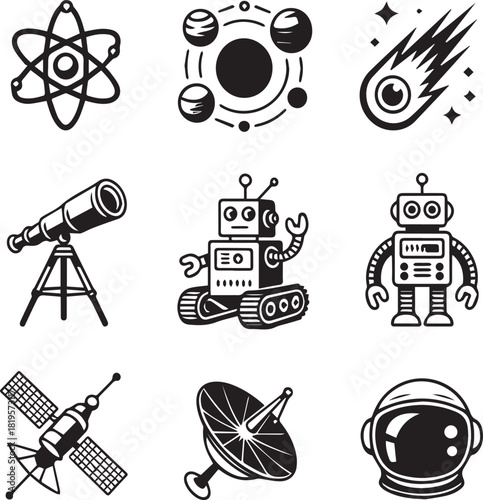 Collection of black and white space and science icons including robots and planets atom atomic
