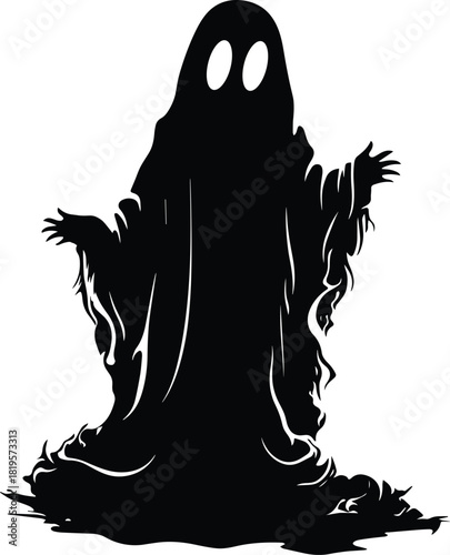 Black and white vector illustration of a ghostly figure with arms open