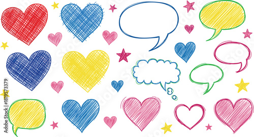 Colorful Hand-Drawn Doodle Hearts and Speech Bubbles Vector Set, Featuring Scribble Texture, Stars, and Cute Shapes, Ideal for Valentine's Day, Kids Design, Comic Talk, or Message Elements.