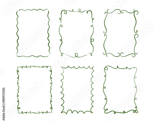Playful hand-drawn frames with wavy, squiggly ribbons in trendy and vintage styles. Ideal vector borders for invitations and cards.