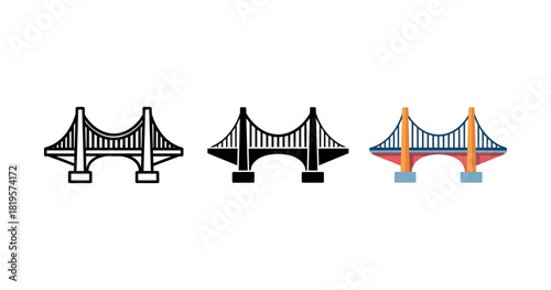 Abstract bridge designs in line, solid, and color styles on white background
