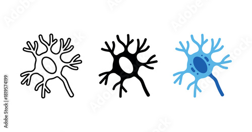 Neuron cell triptych: outline, silhouette, and colored illustration of neural structure