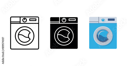 Icon set of washing machines: line, solid, and colored designs