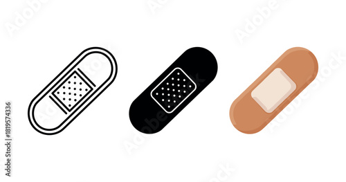 Set of bandages: outline, solid black, and skin tone designs on white background