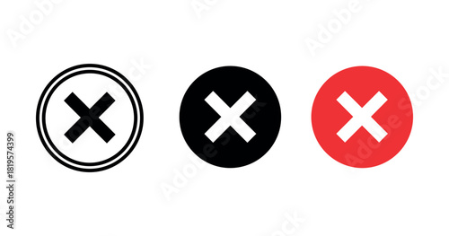 Three variations of x icons in black and red circular designs
