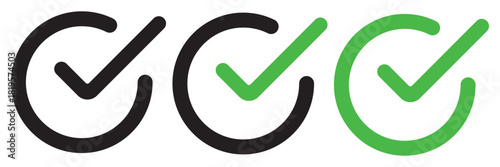Check box icon with correct, accept checkmark icons tick box checked, check list square frame - checkbox symbol approved sign. Set of check icons in green and black. Check mark icon symbols vector. 