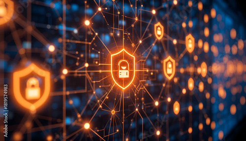 Orange shields with padlocks connected by lines on a dark blue digital network background image