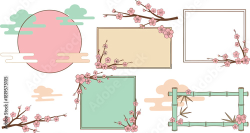 Vector Set of Traditional Oriental Frames and Design Elements, Featuring Pink Cherry Blossom, Green Bamboo Border, Pink Sun, and Stylized Clouds, Perfect for Japanese or Chinese Festival 