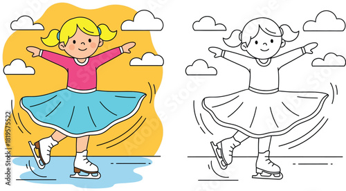 Cute girl ice skating vector illustration with coloring book page outline. Happy child figure skater character in winter outfit. Educational linear drawing activity for kids.