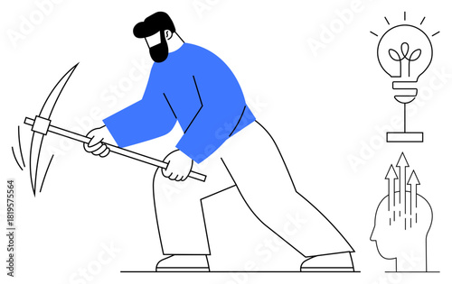 Mining concept. A man uses a pickaxe alongside symbols of innovation thumbs up a lightbulb and creative brainstorming. Mining ideas, innovation, and creativity. Perfect for innovation, creativity