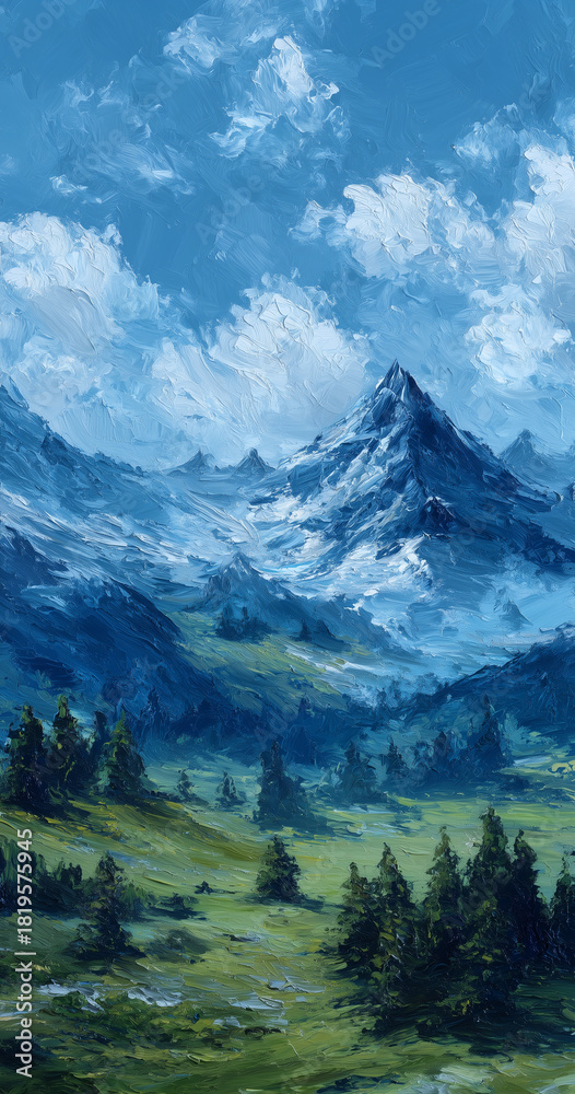 Fototapeta premium An artistic depiction of a mountainous landscape, with a valley, lush meadows, and forests. The sky is filled with clouds and the mountains are in the background.