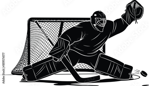 Black and white hockey goalie in action with net and puck, hockey, goalie, goaltender, ice hockey, sport, action, save, net, puck, stick, equipment, mask, glove, pads, silhouette, black and white, gra